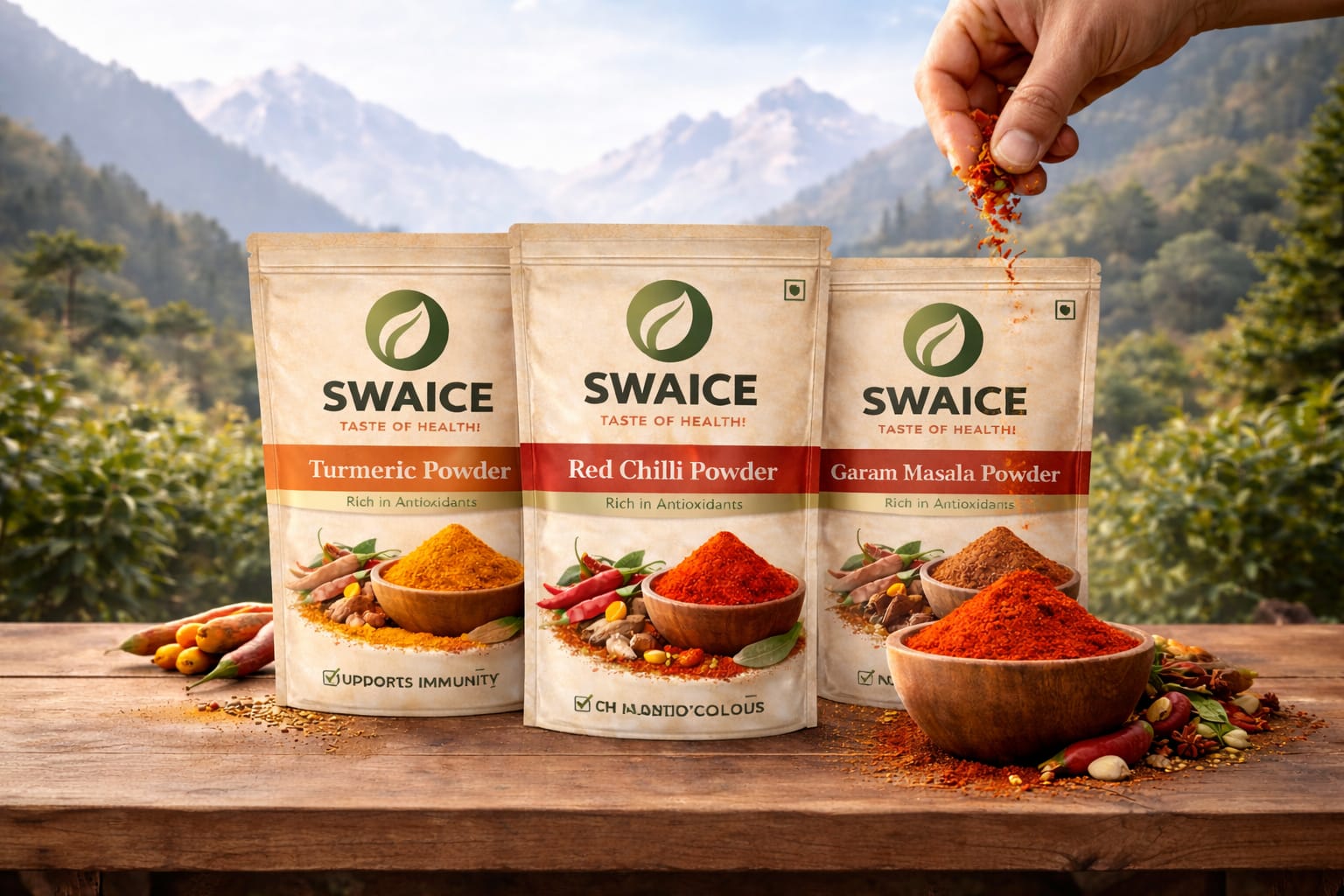 Swaice spice packs with turmeric, red chilli, and garam masala